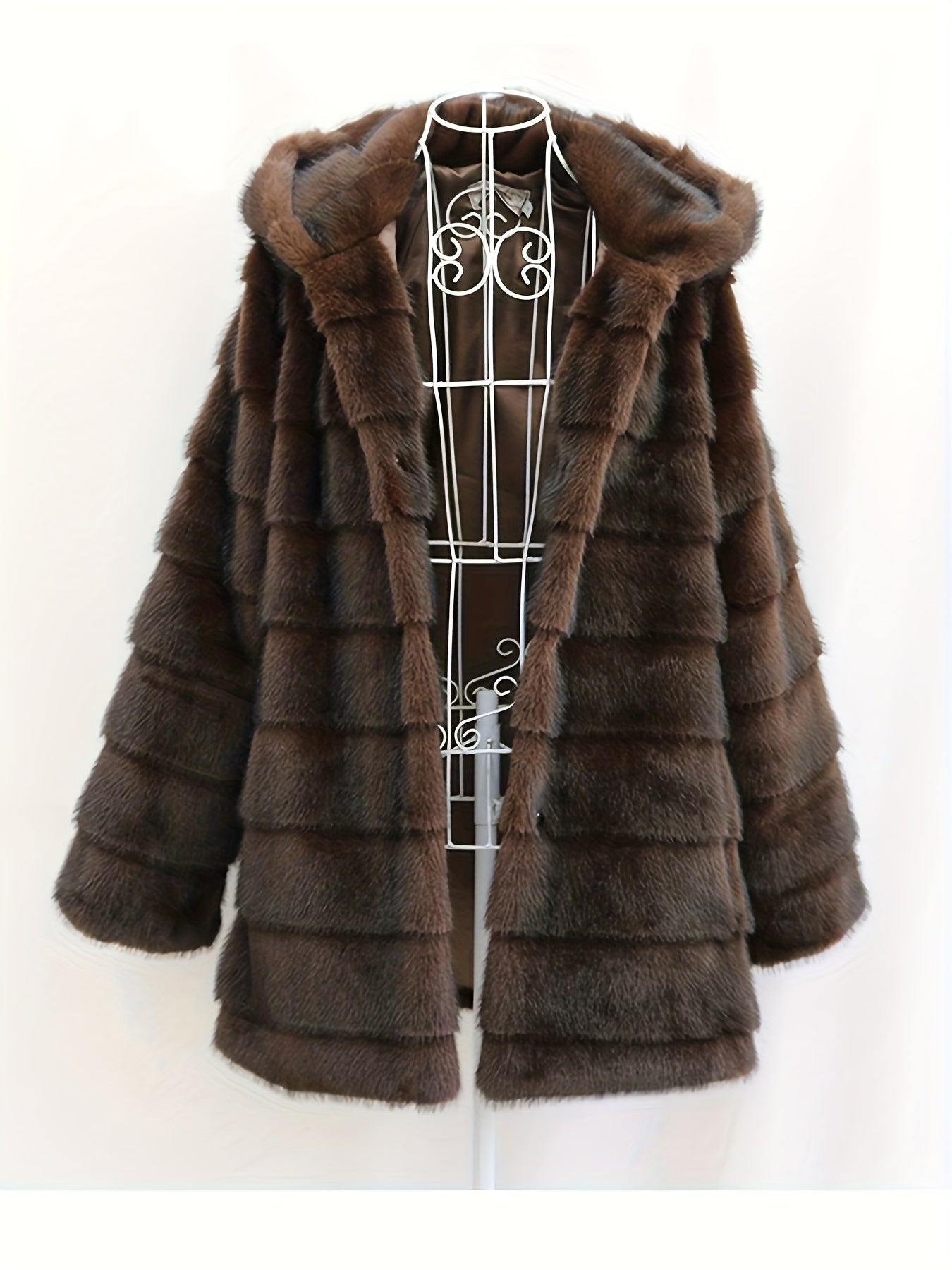 Women's Elegant Faux Fur Coat - Mid-Length Winter Jacket with Front Closure, Flared Hem & Long Sleeves