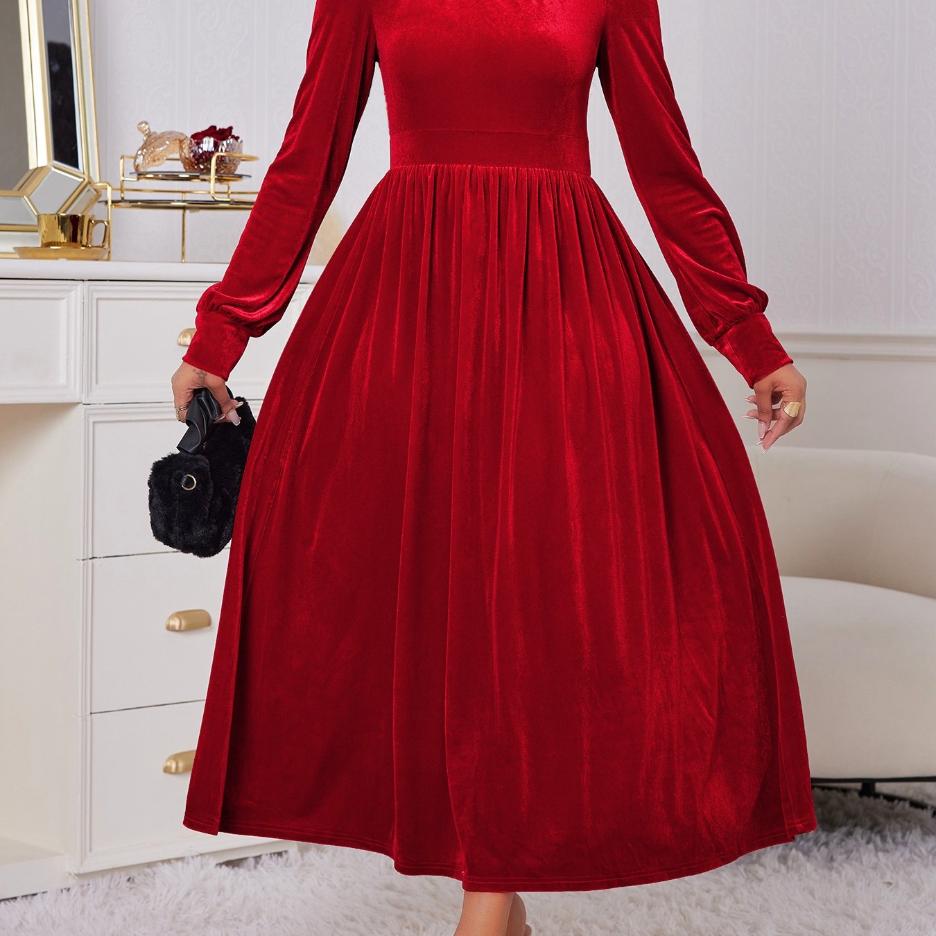 Elegant Velvet Long Dress High Neck, Lantern Sleeve, Red, Vintage Style for Parties and Christmas