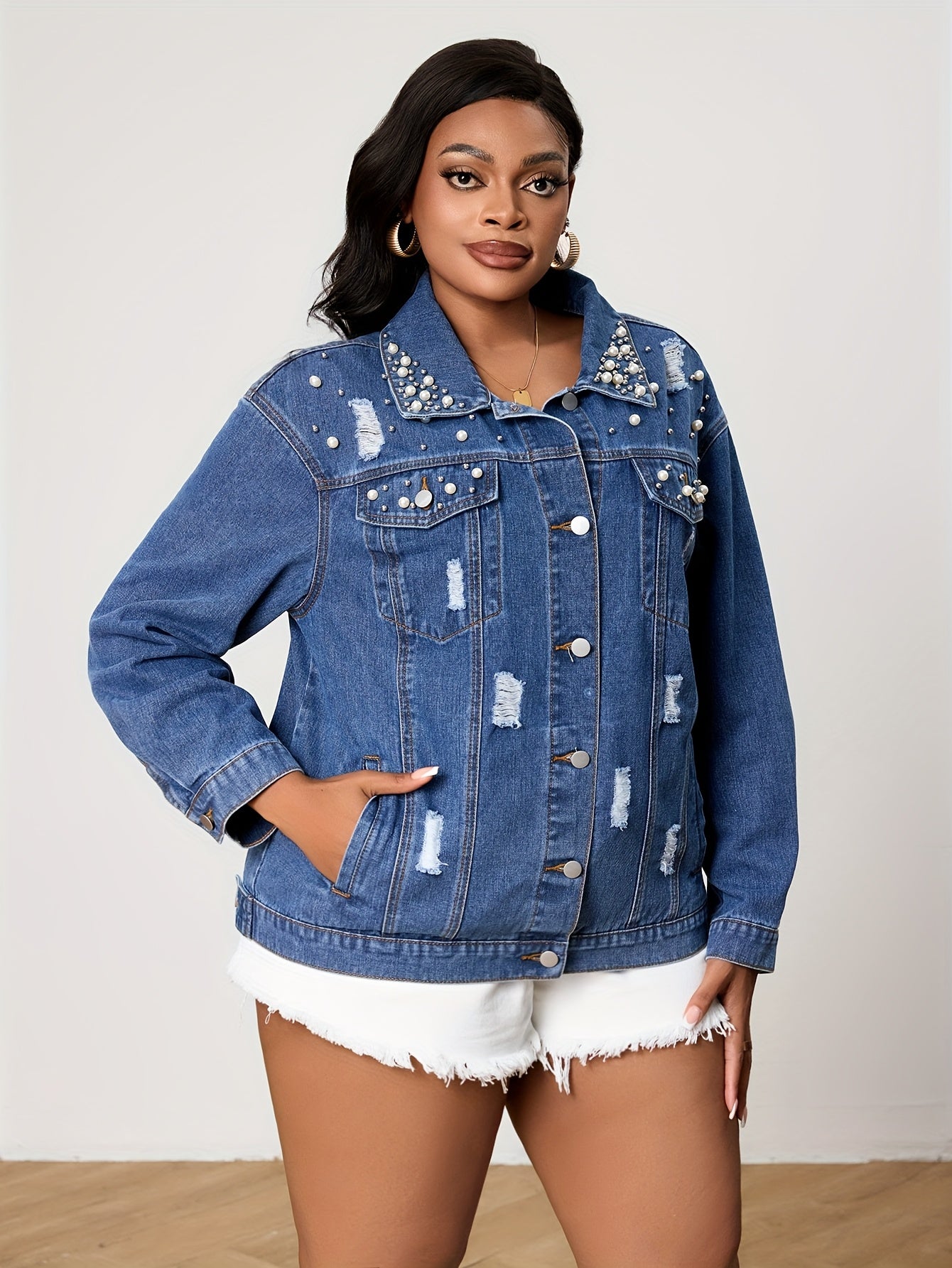 Plus-Size Unique Pearl Distressed Women's Jacket