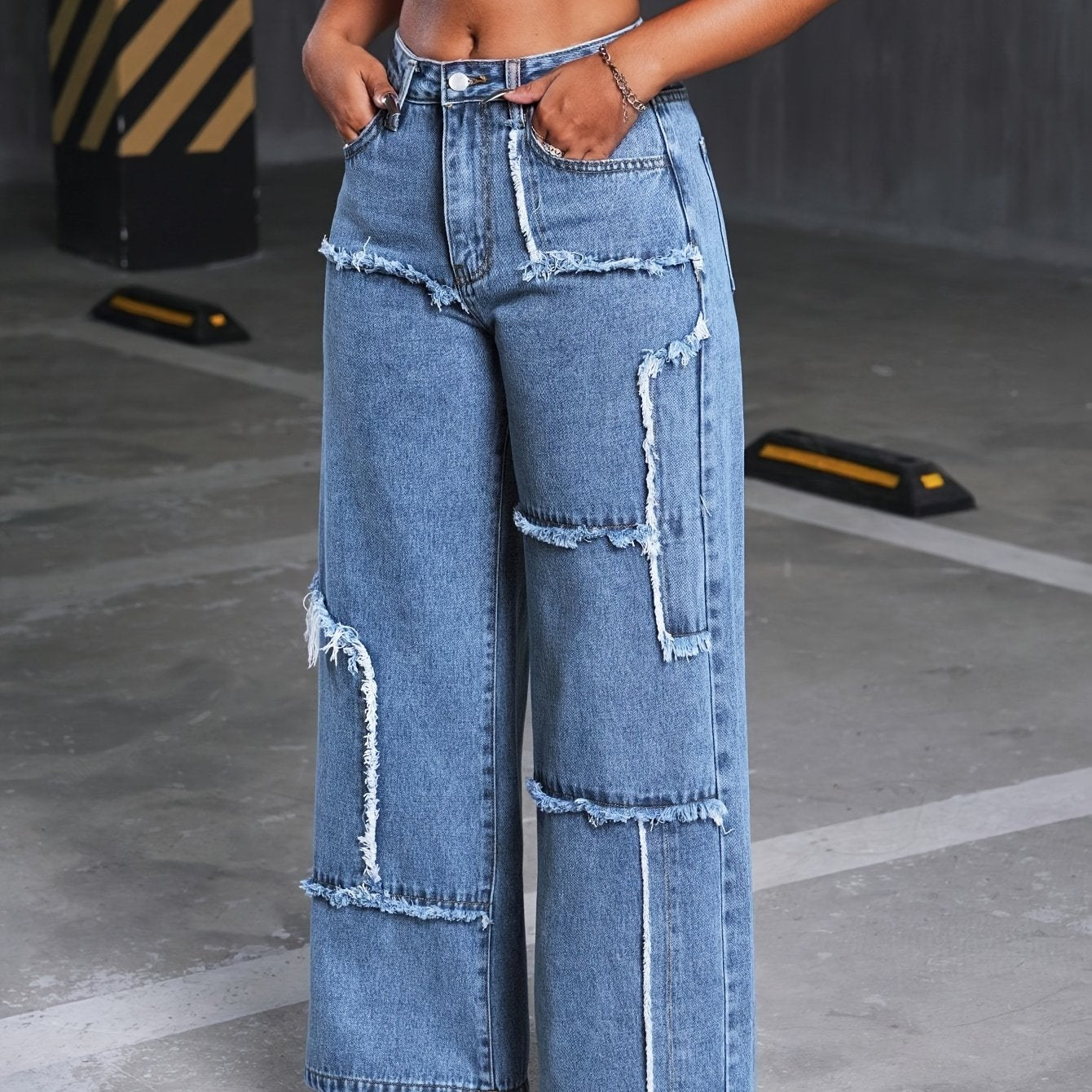 Women's Mid-Rise Stretch Denim Wide-Leg Pants - Asymmetrical Knee-Length Fringe Detail