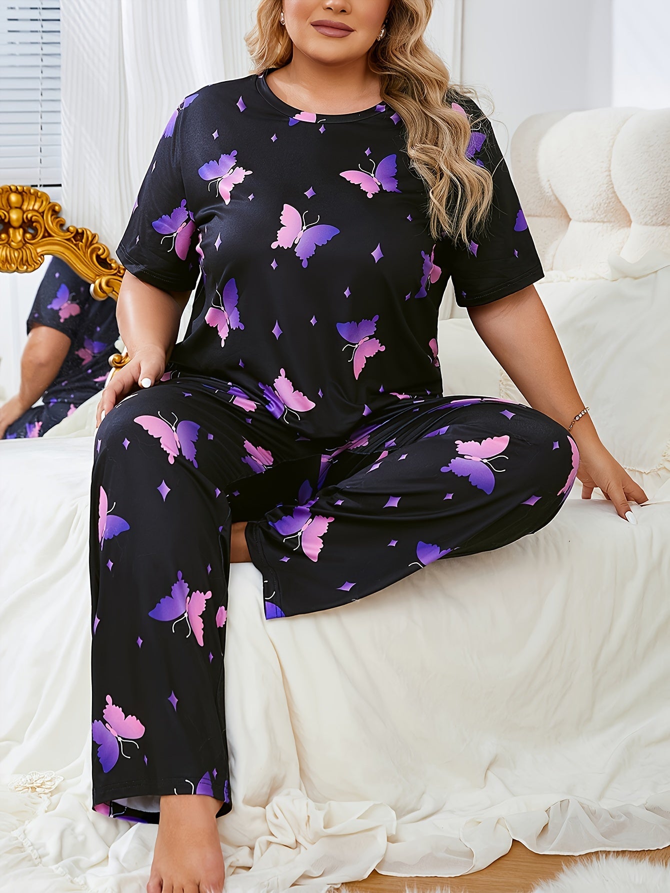 Women's Plus Cute Pajama Set, Plus Size Star & Butterfly Print Short Sleeve Crew Neck T-shirt & Pants Pajama 2 Piece Set