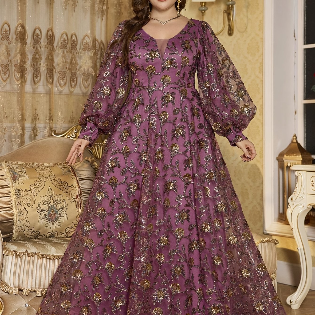 Women's Plus Size Elegant V-Neck Lantern Sleeve Maxi Dress