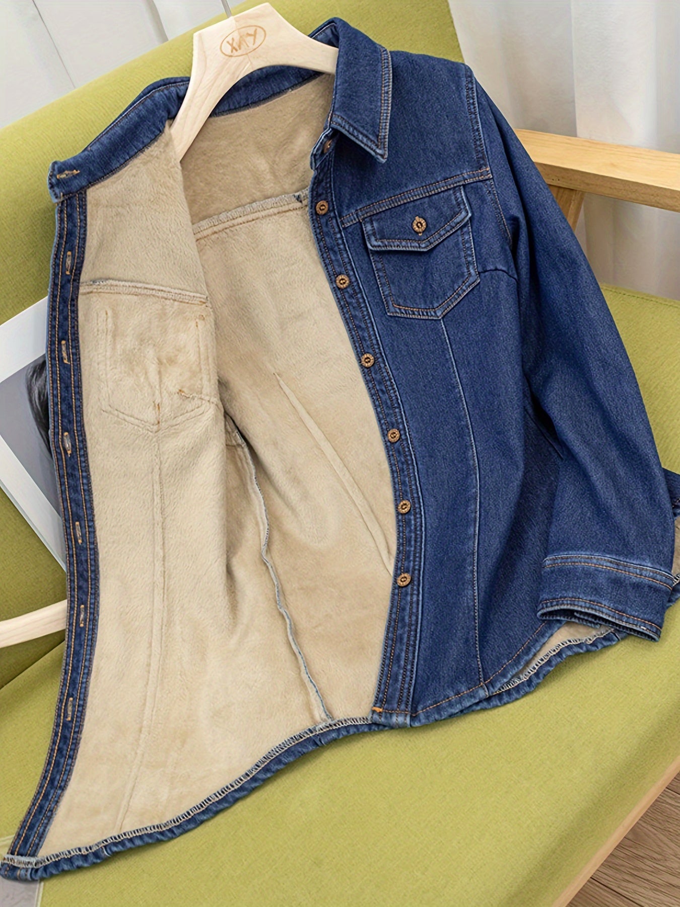 Plain Washed Blue Casual Long Sleeve Plush Lined Denim Shirts Top For Winter, Women's Denim Jeans & Clothing