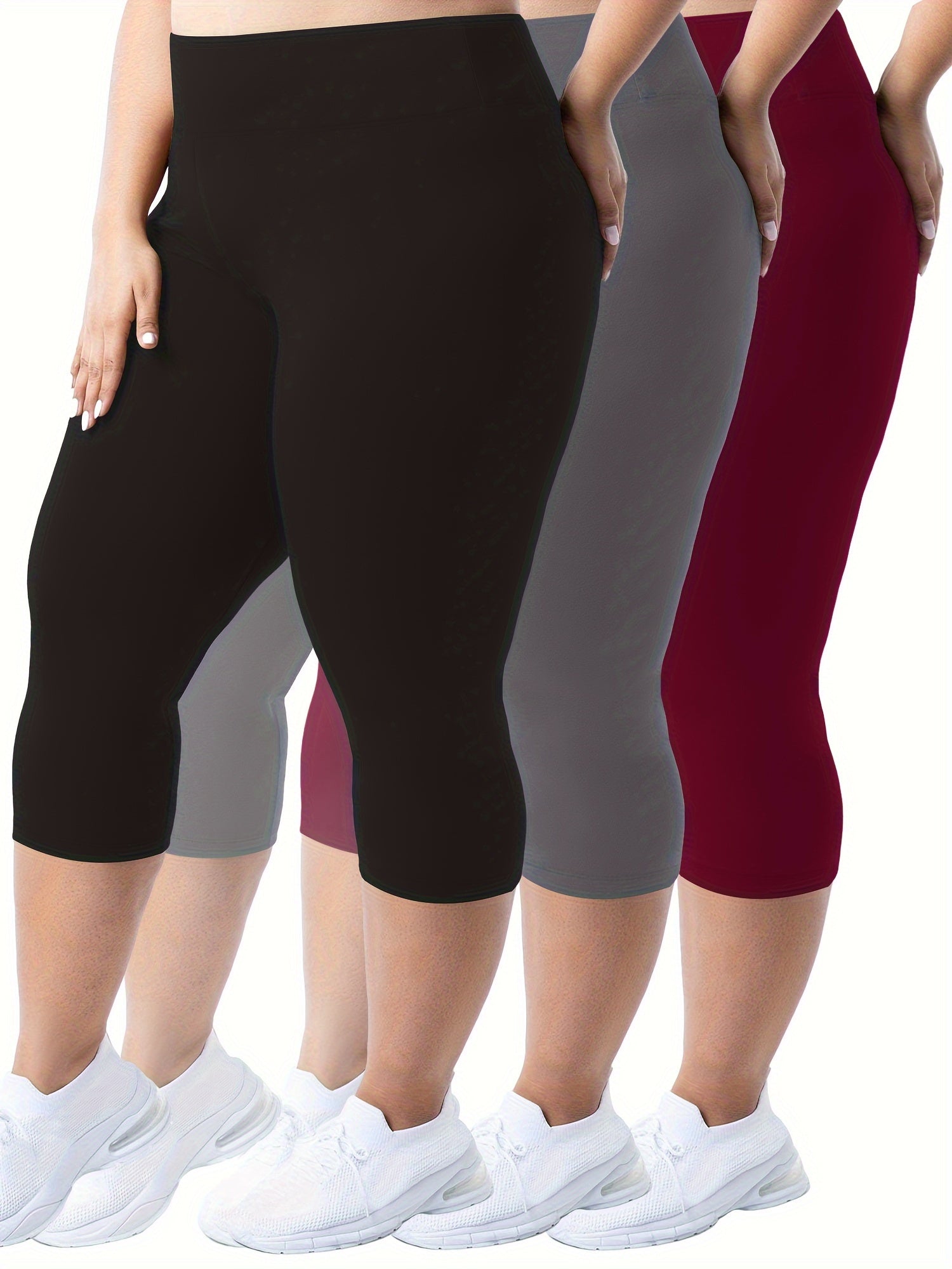 Plus Size - 3pcs High-Waist Capri Leggings for Women