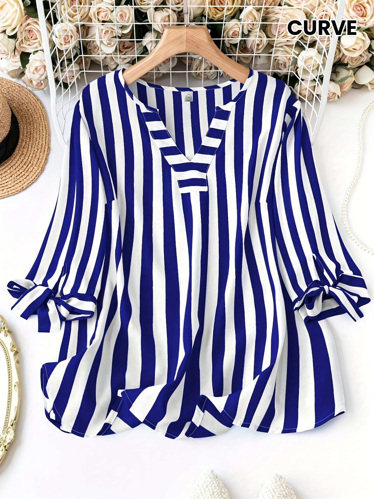 Elegant Notched Necktie Cuff Top for Women's Plus Size