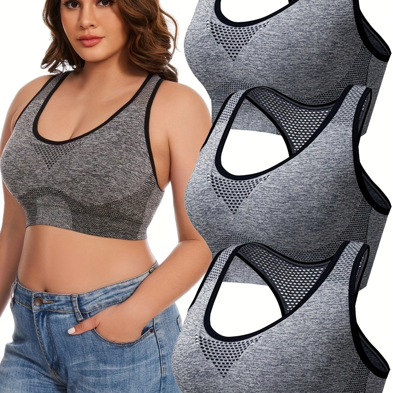 3pcs Plus Size Sports Bras, Polyamide Blend, Hollow Mesh Design, Low Support, Removable Padding, Crew Neck, Medium Stretch, Knit Fabric,