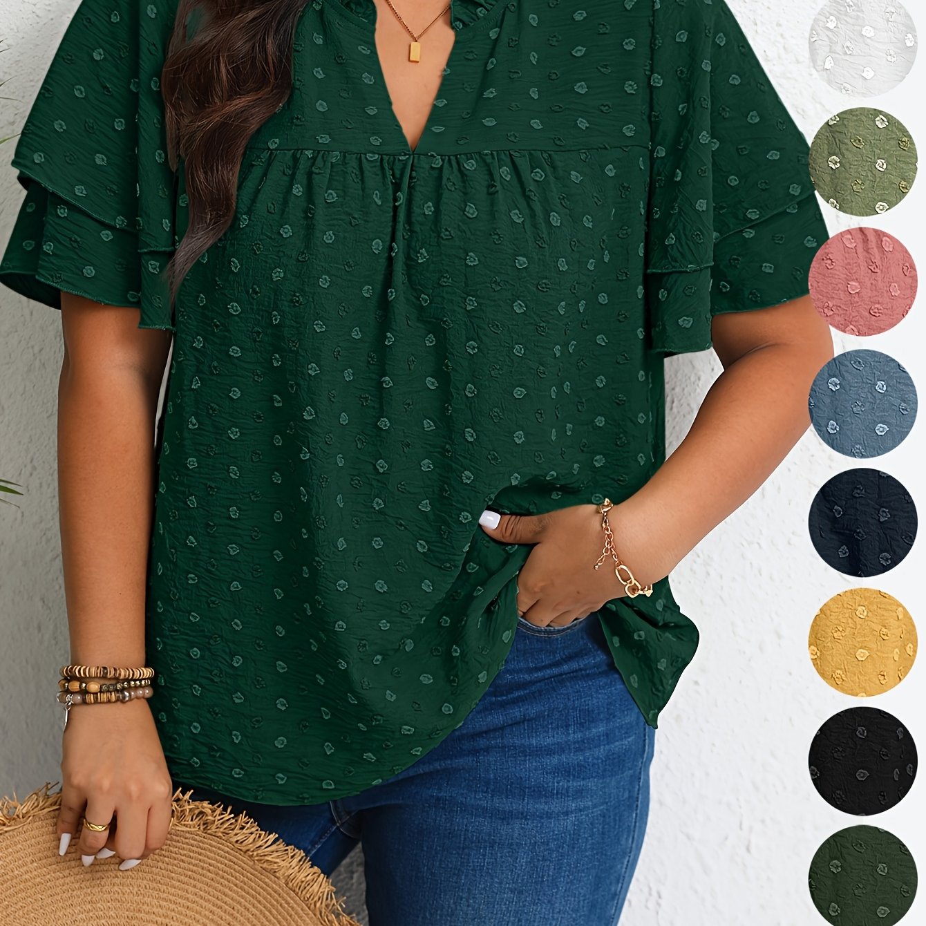 Plus Size Women's Casual V-Neck Blouse with Ruffled Short Sleeves