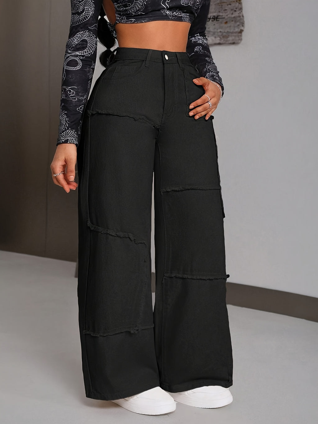 Women's Mid-Rise Stretch Denim Wide-Leg Pants - Asymmetrical Knee-Length Fringe Detail