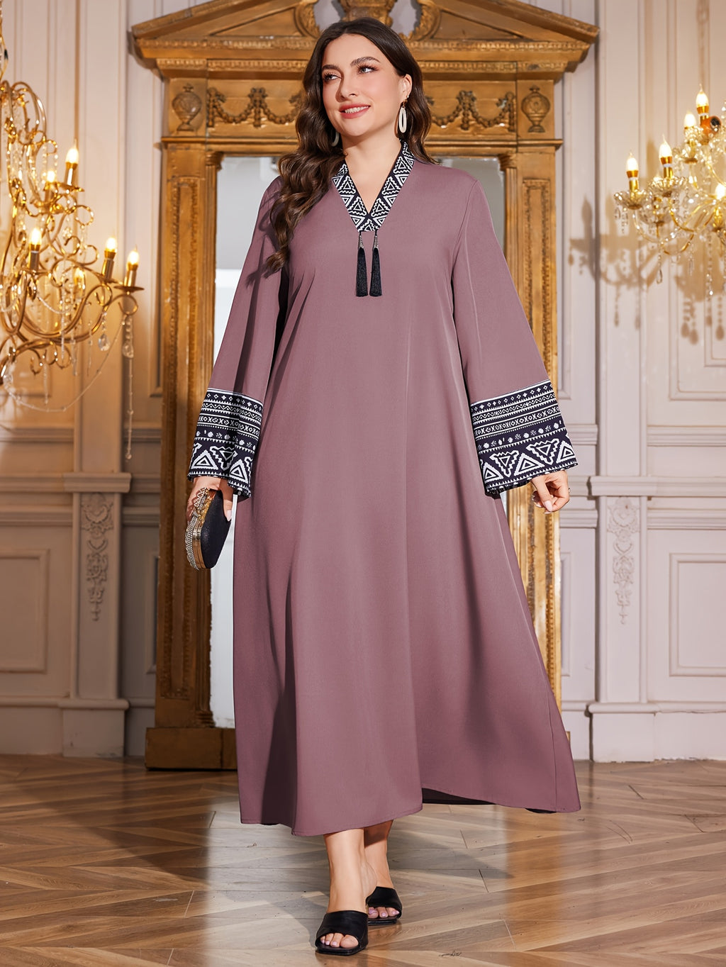 Elegant Plus Size Long Dress with V-Neck and Flutter Sleeves