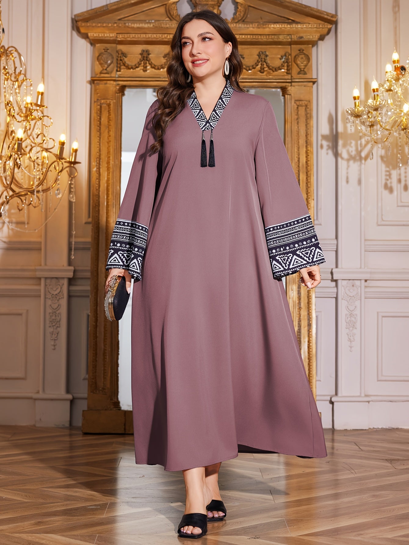 Elegant Plus Size Long Dress with V-Neck and Flutter Sleeves