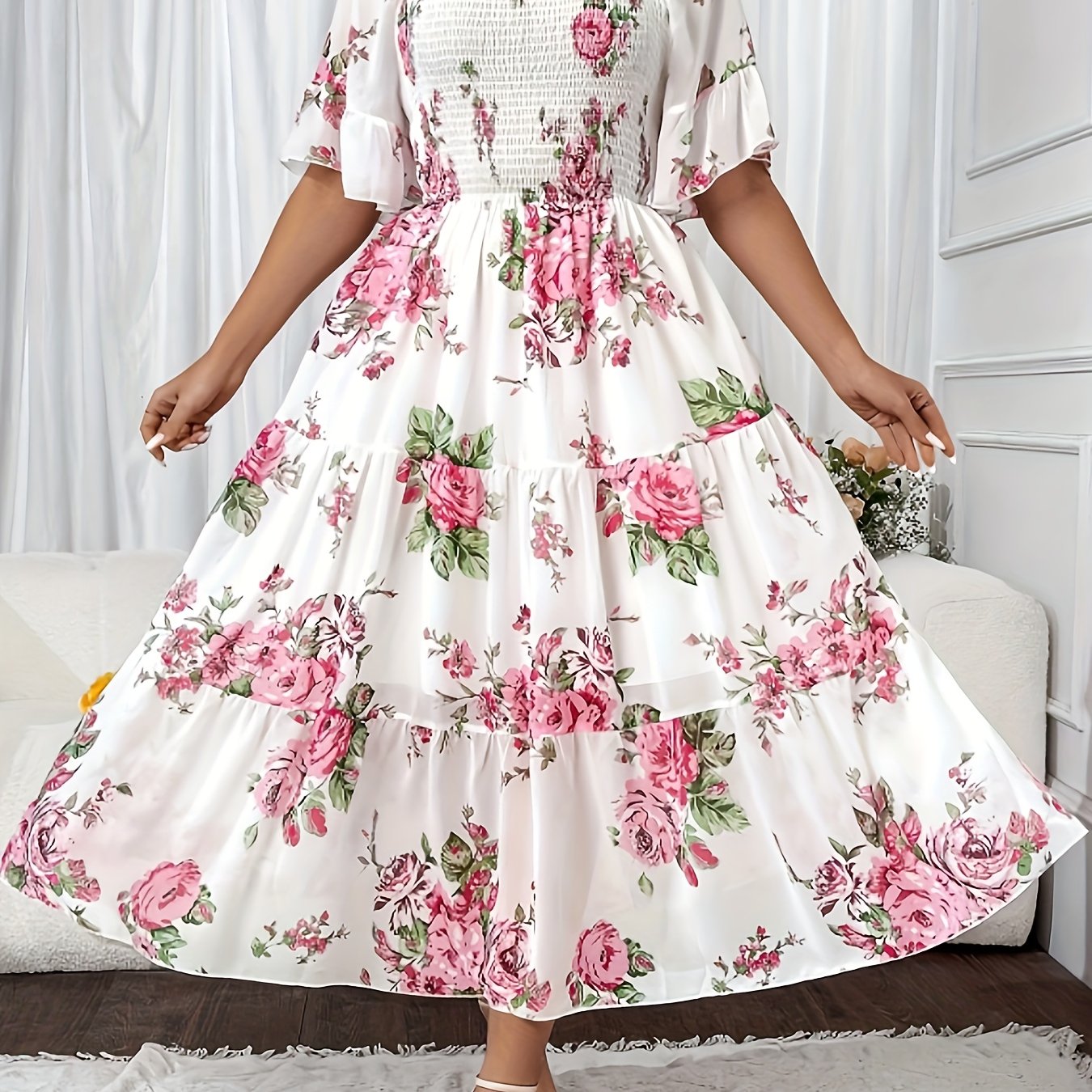 Plus Size Floral Print Chiffon Dress - Loose Fit