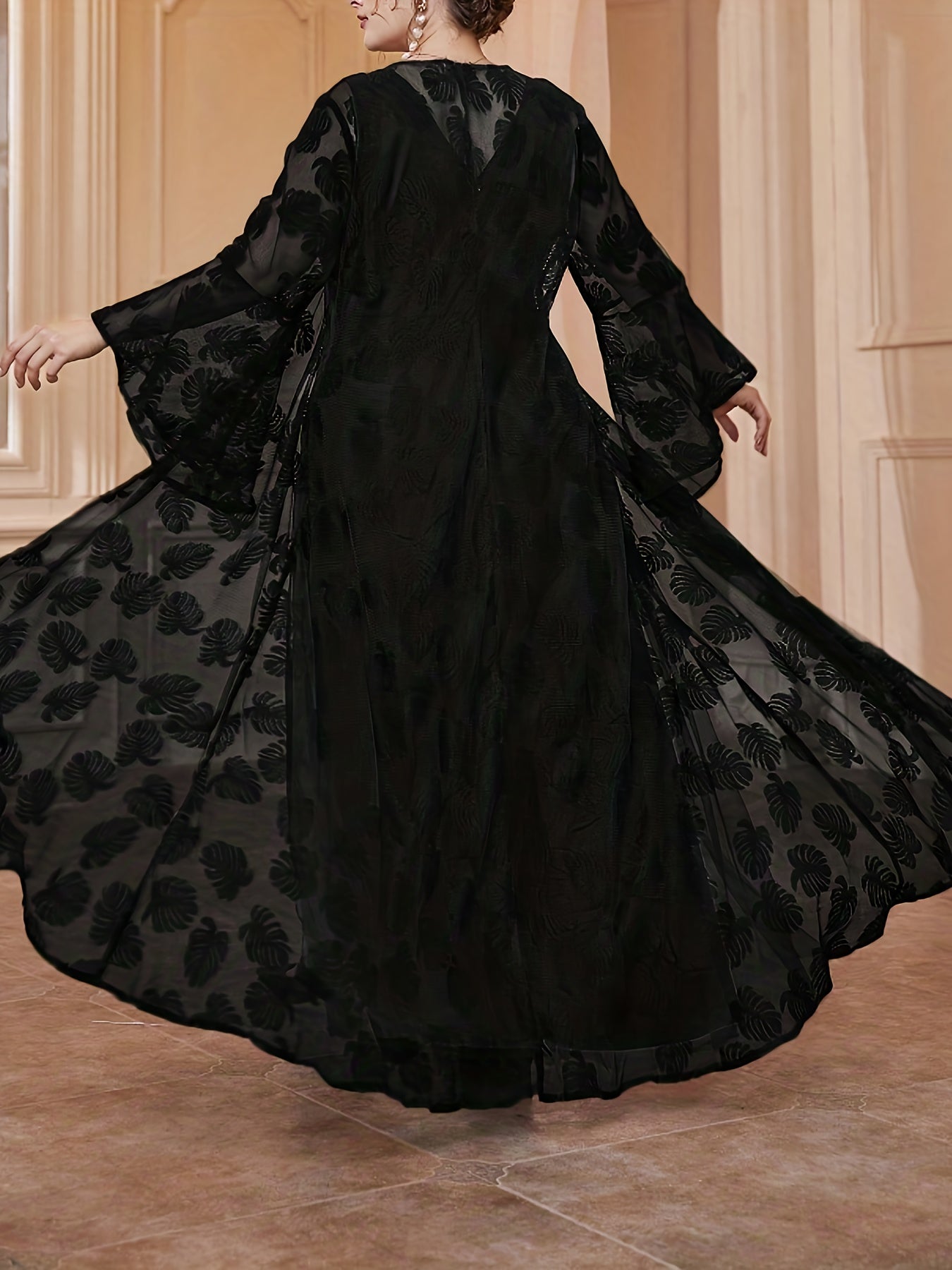 Plus Size - Elegant Round Neck Mesh Embroidery V-Neck Slim Long Dress