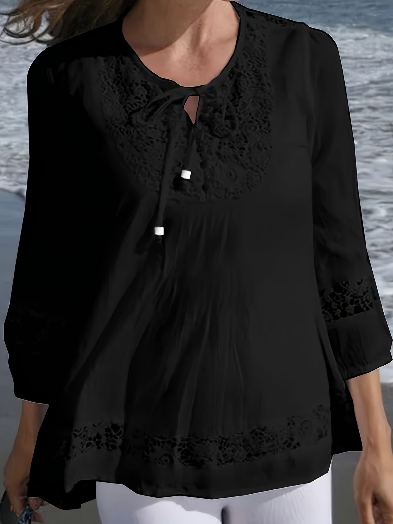 Casual Tie-neck 3/4 Sleeve Blouse For Spring, Women's Plus Size