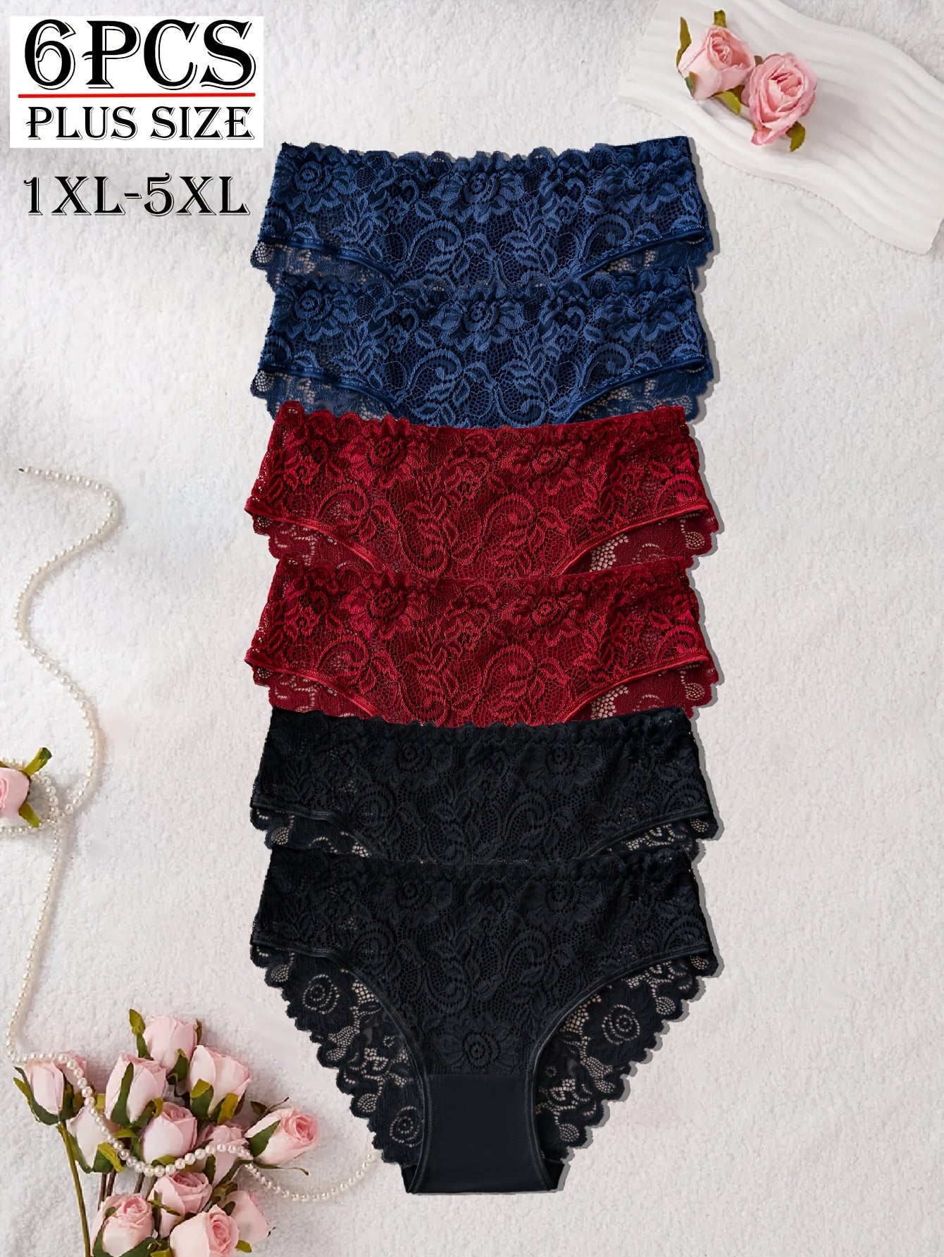 Plus Size Pure Color Romantic Lace Briefs 6pcs - Comfortable Mid Waist Sheer Panty Set