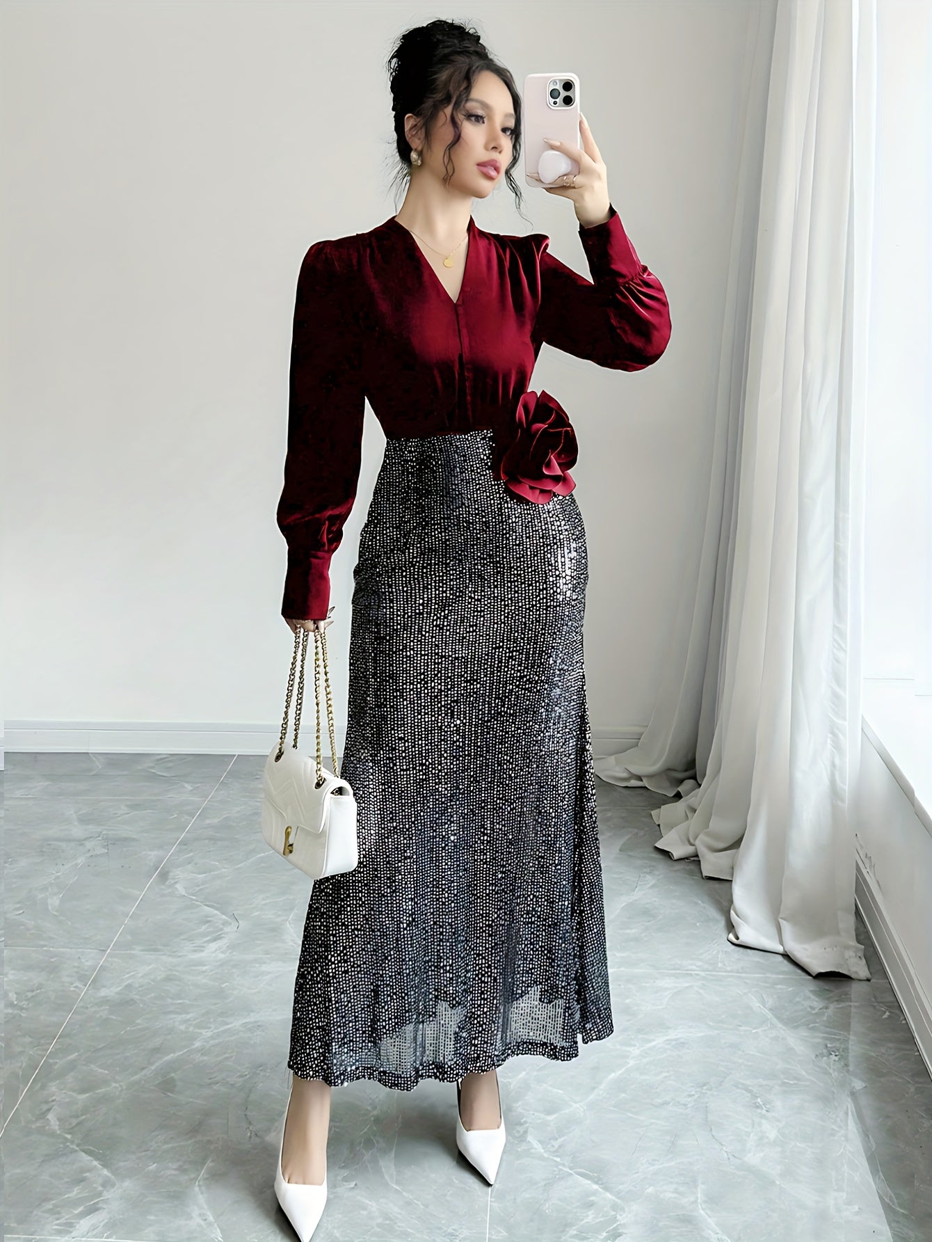 French Elegant V-Neck Sequin 3D Rose Dress - Sparkling Long Sleeve A-Line Evening Gown