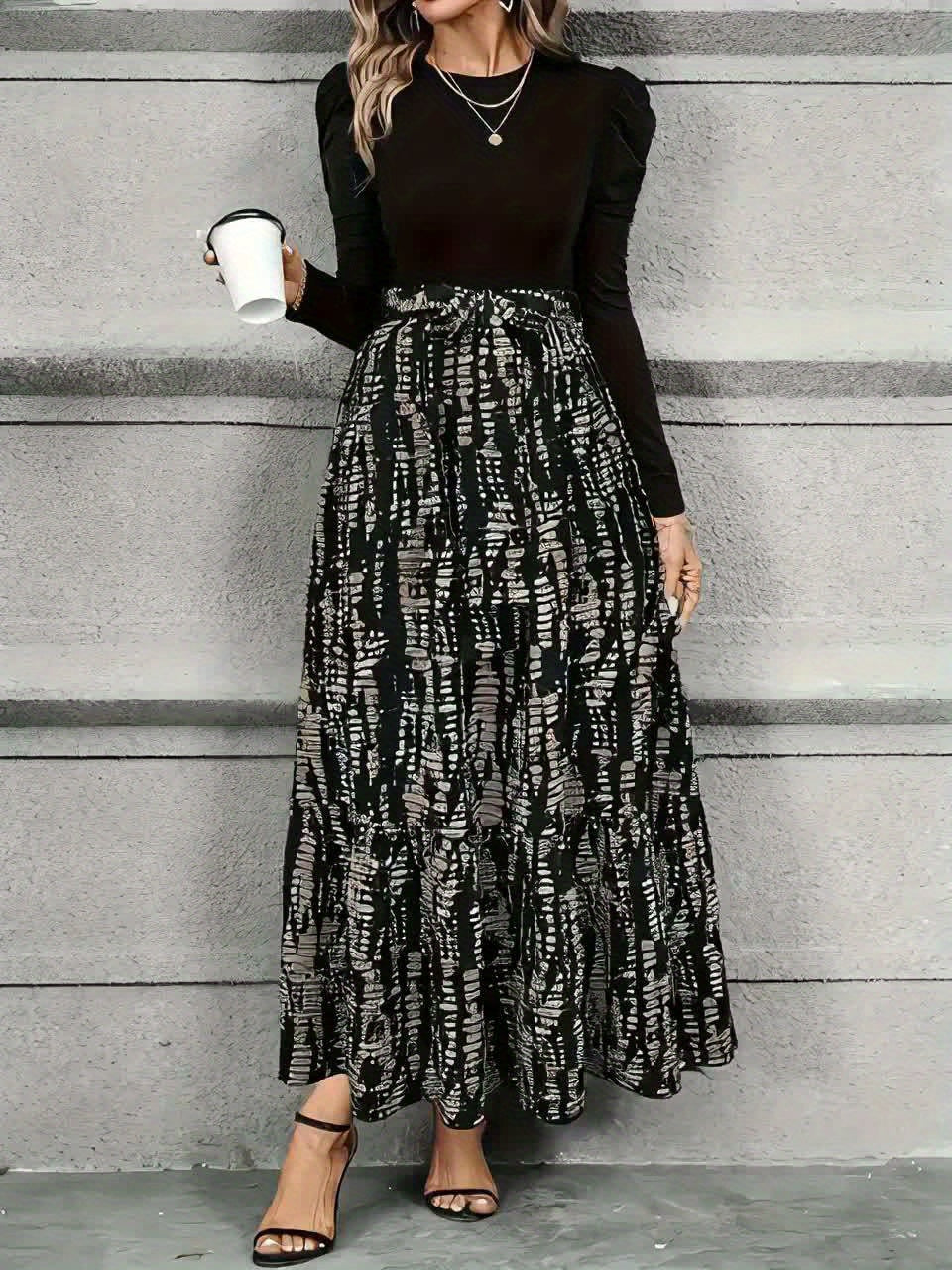 Women's Elegant Bubble Long Sleeve Midi Dress with Adjustable Waist Belt