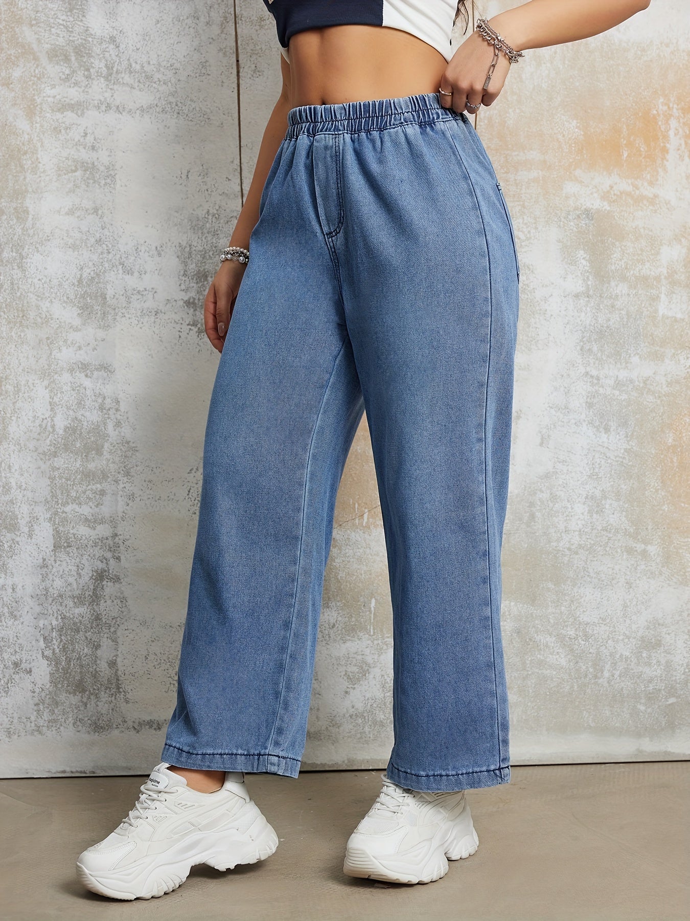 Elastic Waist Loose Fit Denim Pants