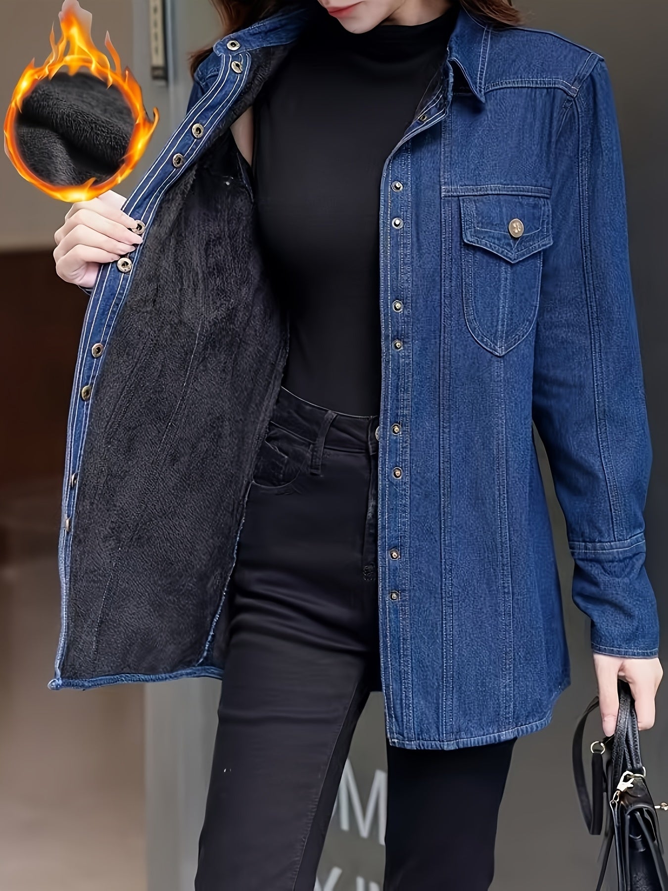 Women's Vintage-Inspired Thickened Denim Shirt - Long Sleeve, Button-Up, Non-Stretch Fabric