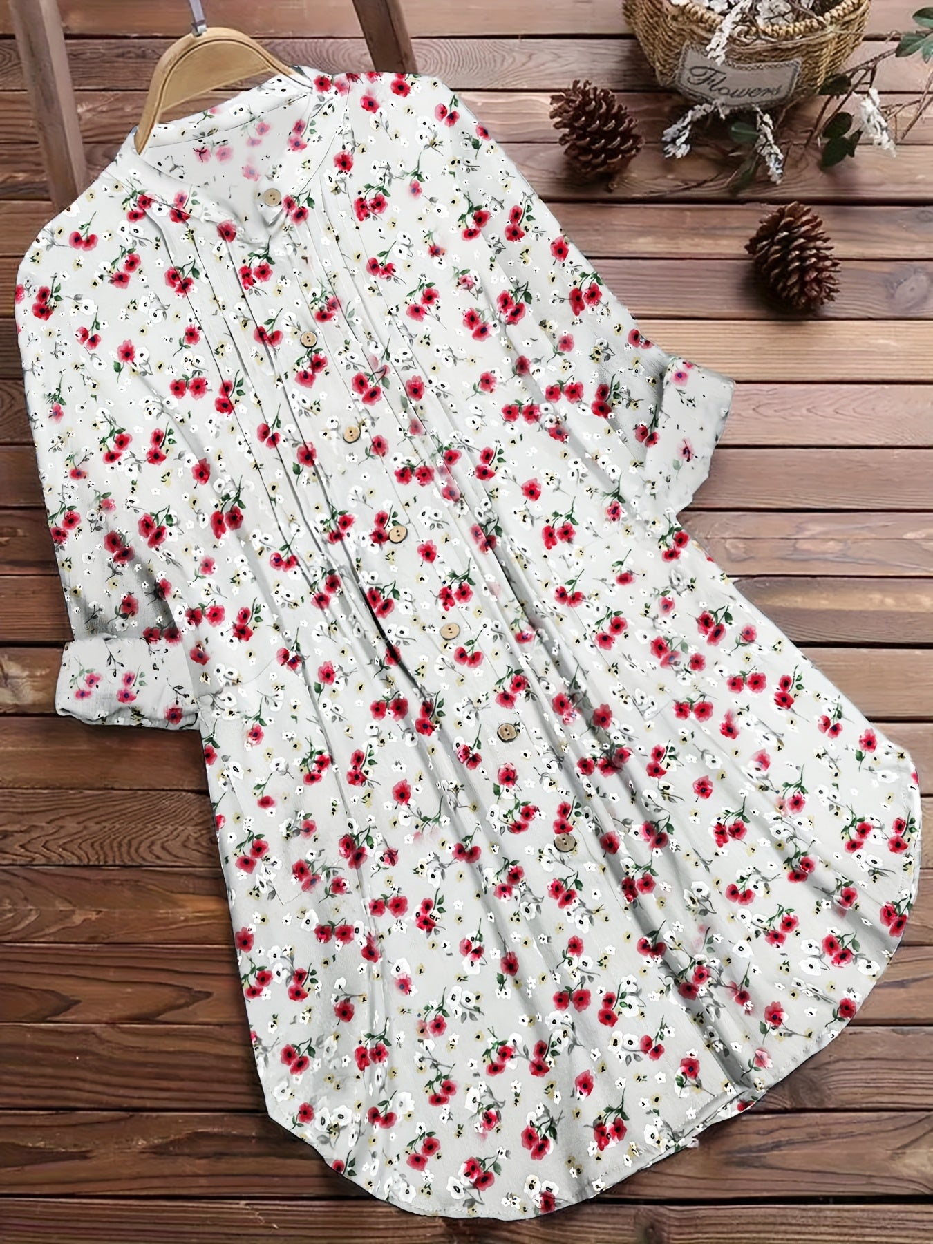Floral Print Women's Blouse, Long Sleeve Round Neck