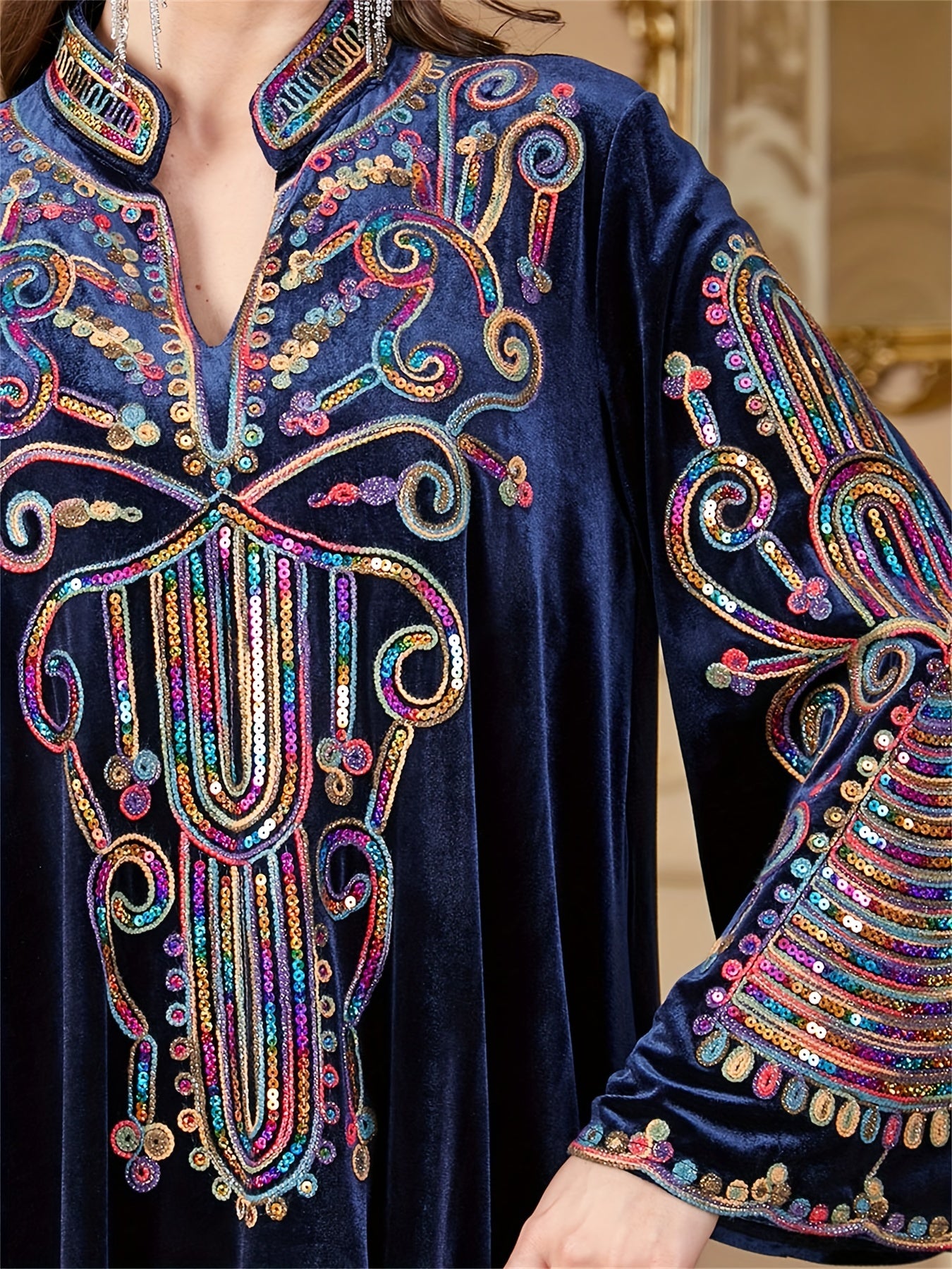 Women's Golden Velvet Abaya Kaftan - Floral Embroidery with Sequins, Long Sleeve Modest Dress