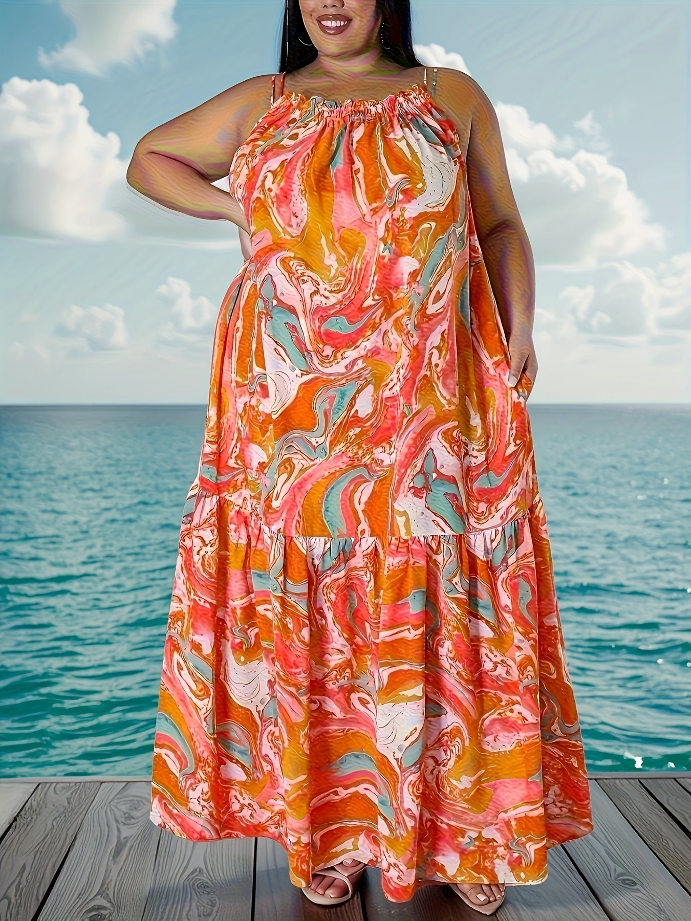 Plus Size Casual Sleeveless Ruffle Hem Dress for Spring & Summer