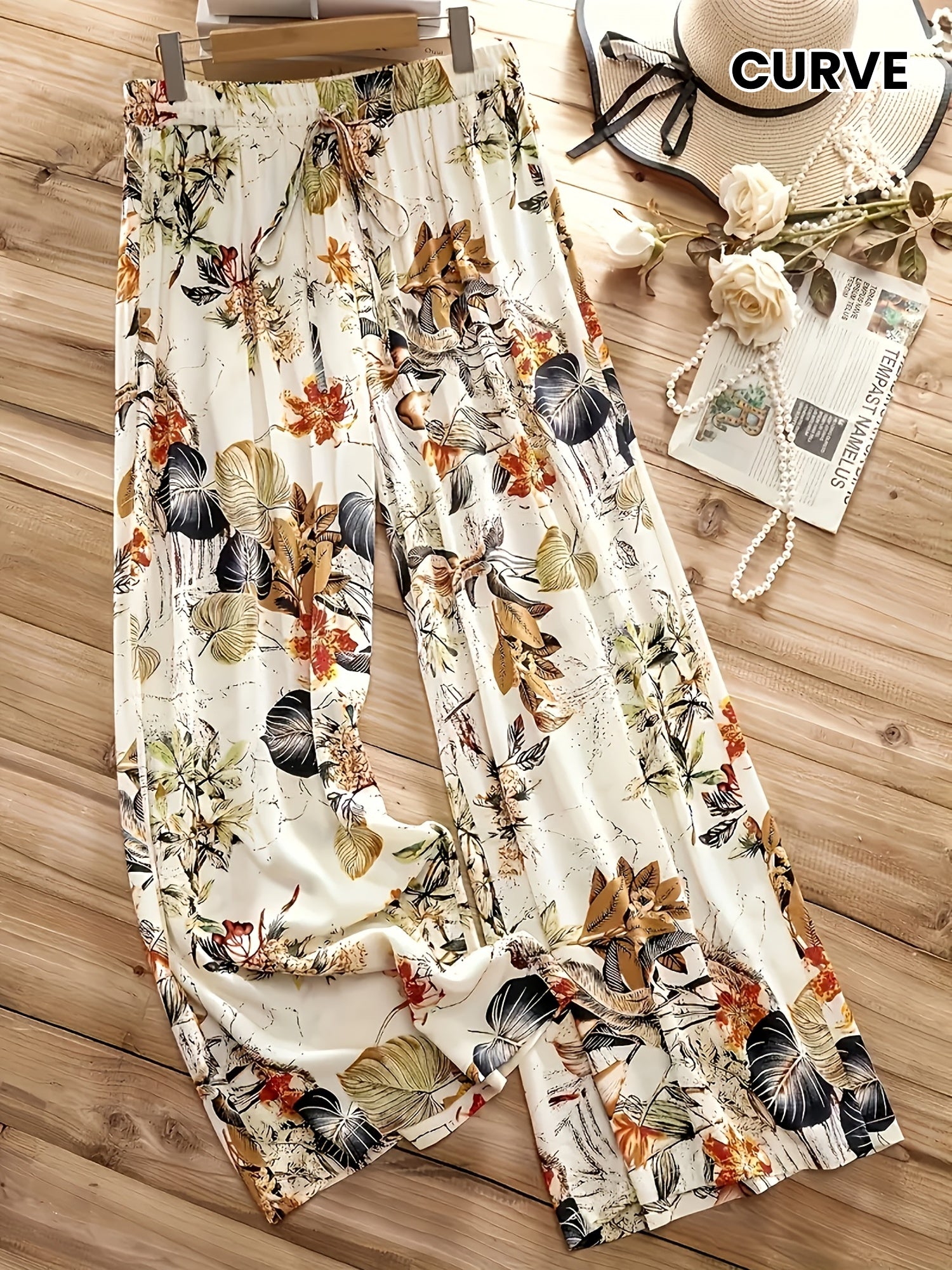 Women's Tropical Floral Print Elastic Waist Straight-Leg Pants