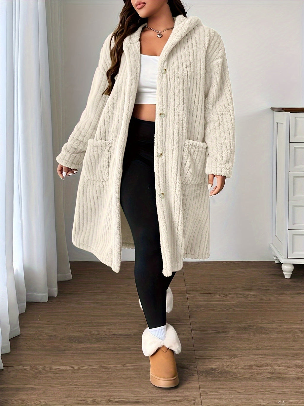 Plus-Size Women's Hooded Long-Sleeve Plush Coat