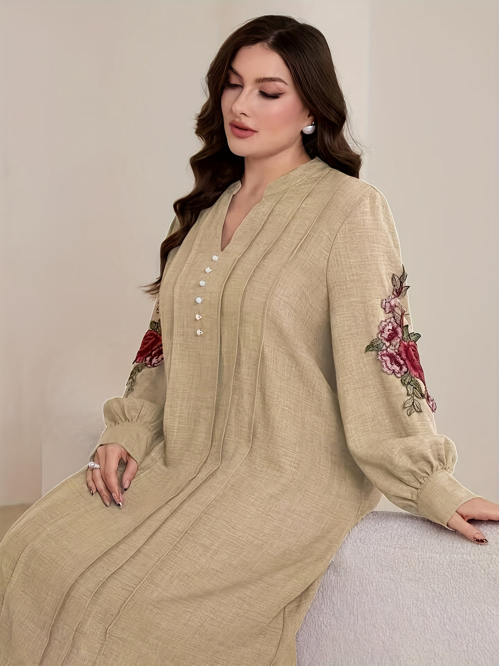 Plus Size Women's Elegant Embroidered V-Neck Long Sleeve Dress and Loose Pants Two-Piece Set