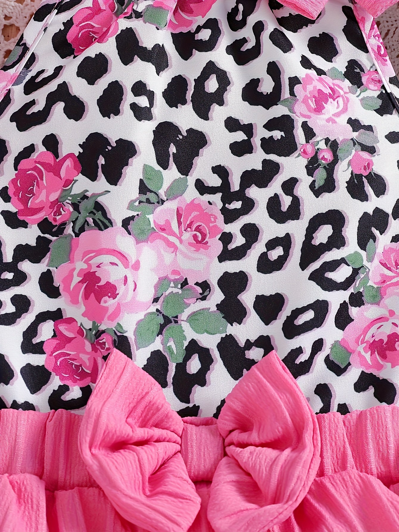 Girls' Fashion Leopard Print Rose Vest with Puff Skirt and Sun Hat Street Style Three-Piece Set
