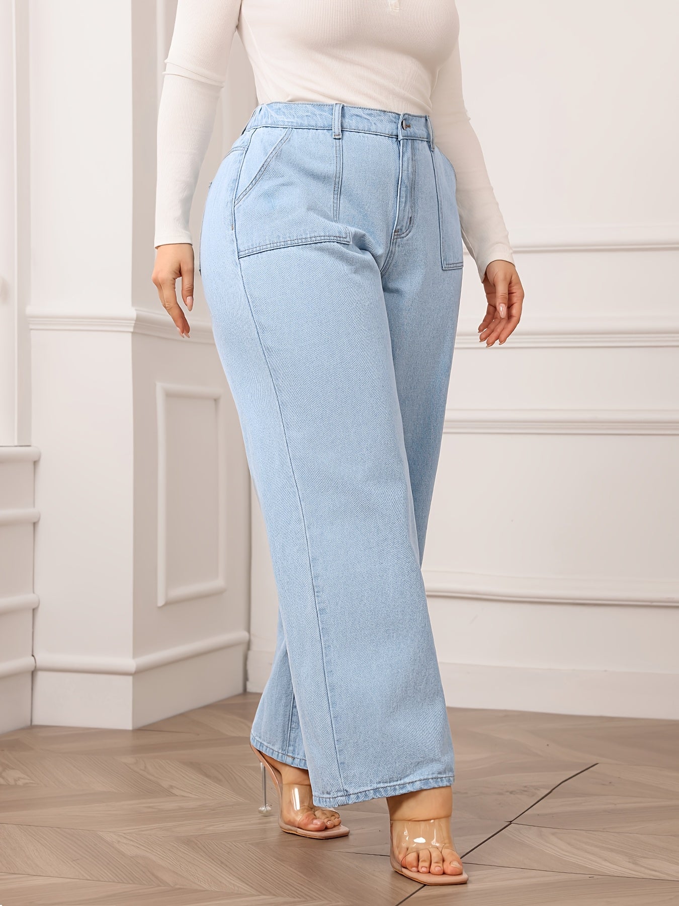 Women's High-Waisted Wide Leg Jeans - Light Blue, Non-Stretch Denim with Pockets, Casual Style