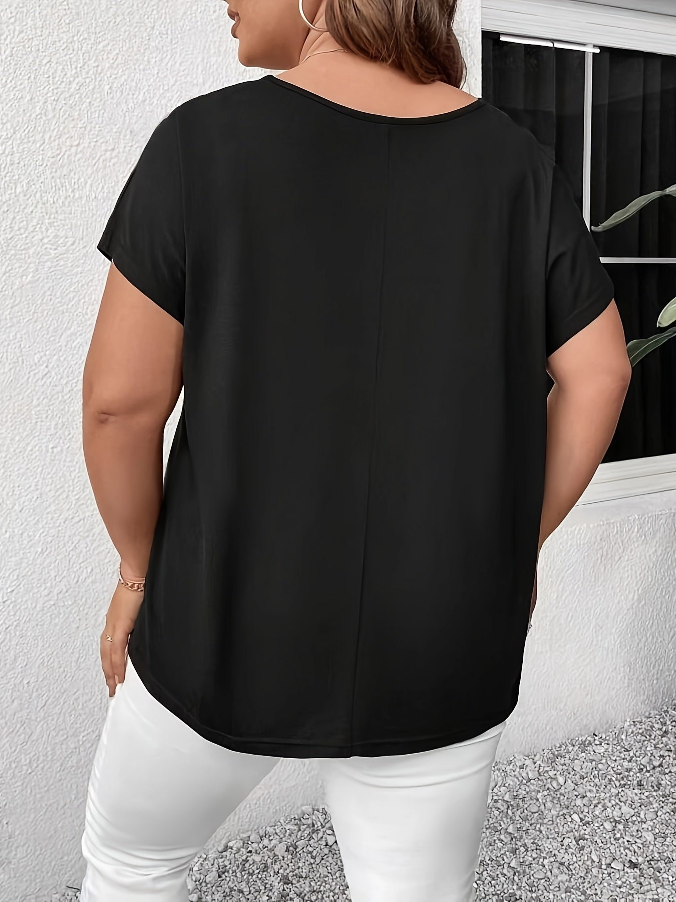 [Elegant T-Shirt] Elegant Plus Size Women's V-Neck T-Shirt | Stretchy Solid Black Top for Spring/Summer, Resort Style Casual & Vacation Wear,