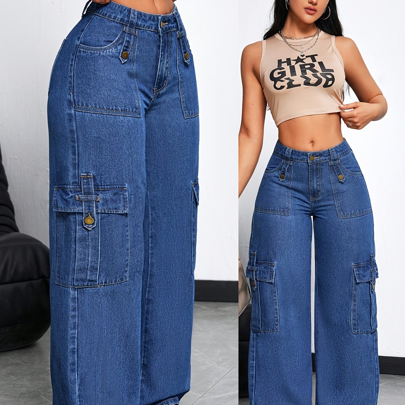 Women's High-Waisted Cargo Jeans with Multiple Pockets