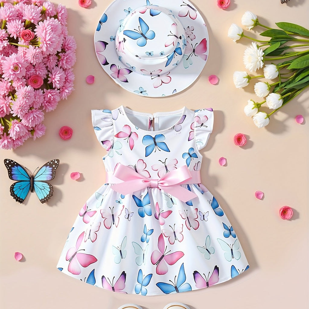 Fantasy Butterfly Sweet Princess Print Dress with Hat Set