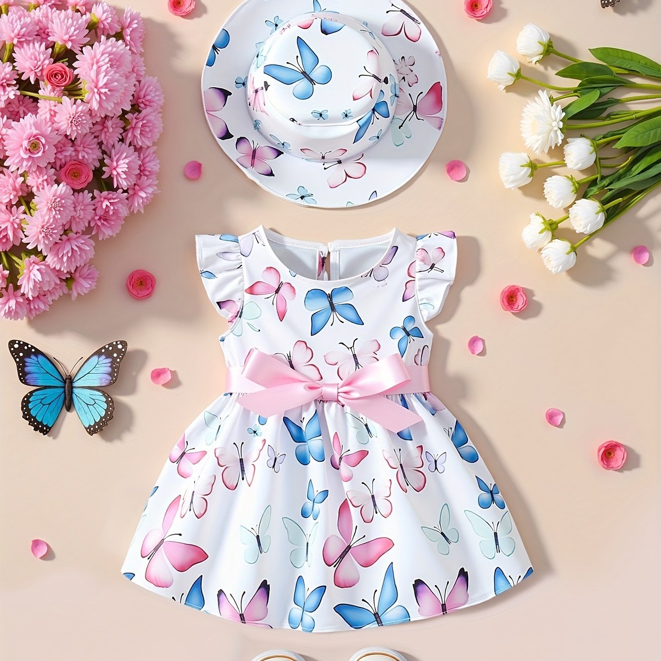 Fantasy Butterfly Sweet Princess Print Dress with Hat Set