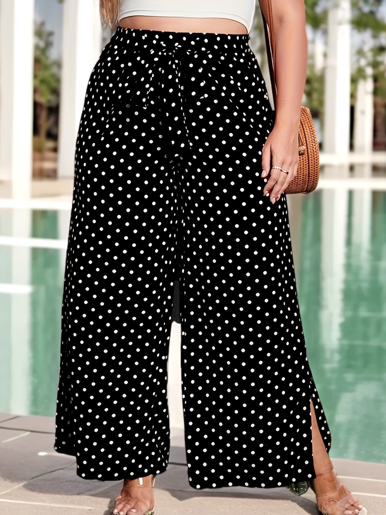 Women's Plus Size Black Polka Dot Wide Leg Pants