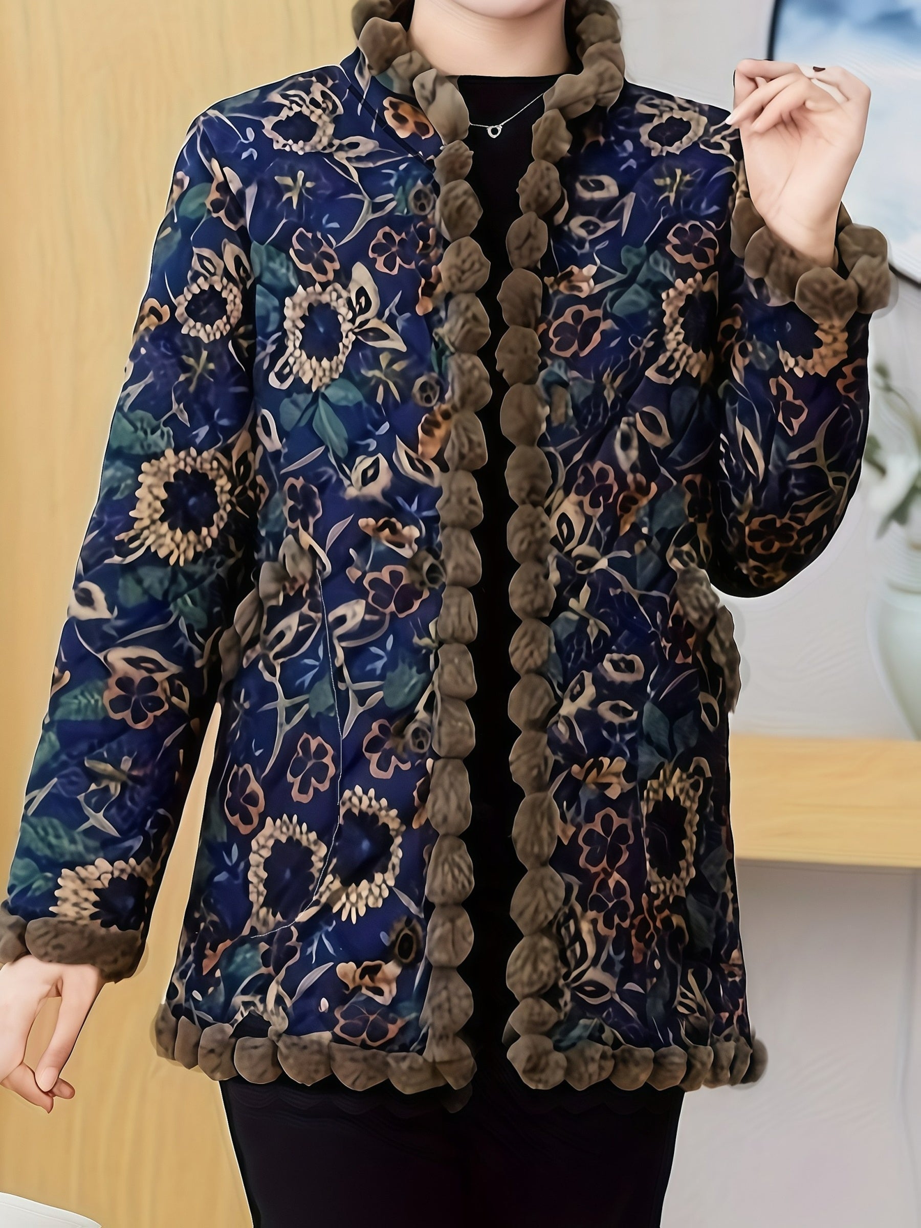 Women's Vintage Floral Print Thick Winter Coat - Elegant Brown & Blue Floral Jacket with Stand Collar