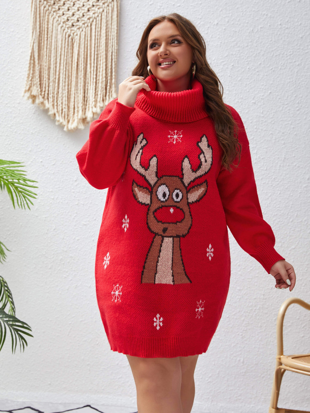 Plus Size Christmas Reindeer Pattern Turtleneck Sweater Dress 100% Polyester Knit Fabric, Party New Year