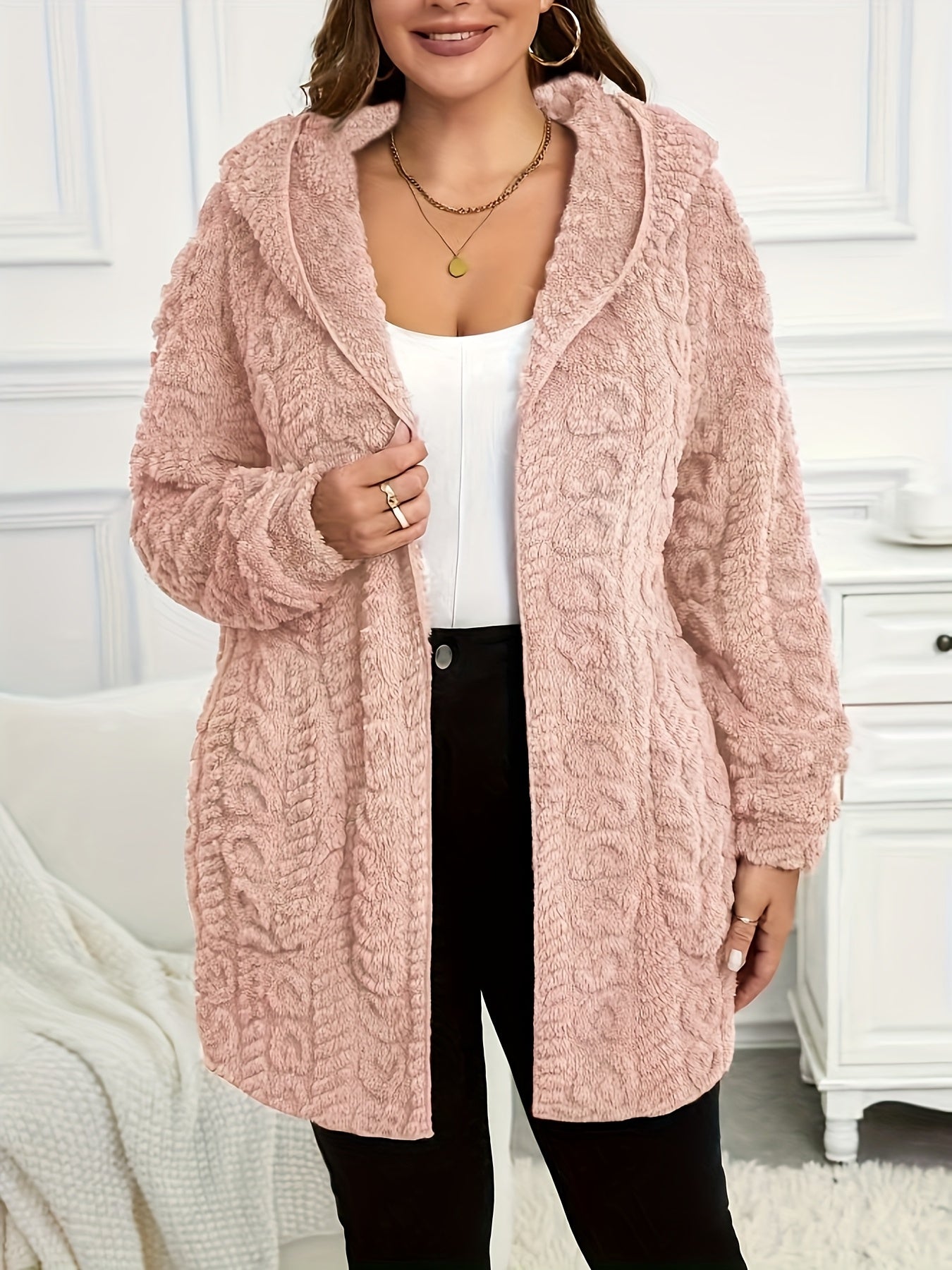 Plus Size, Autumn and Winter Warm Fashion Casual Plush Hooded Cardigan Jacket