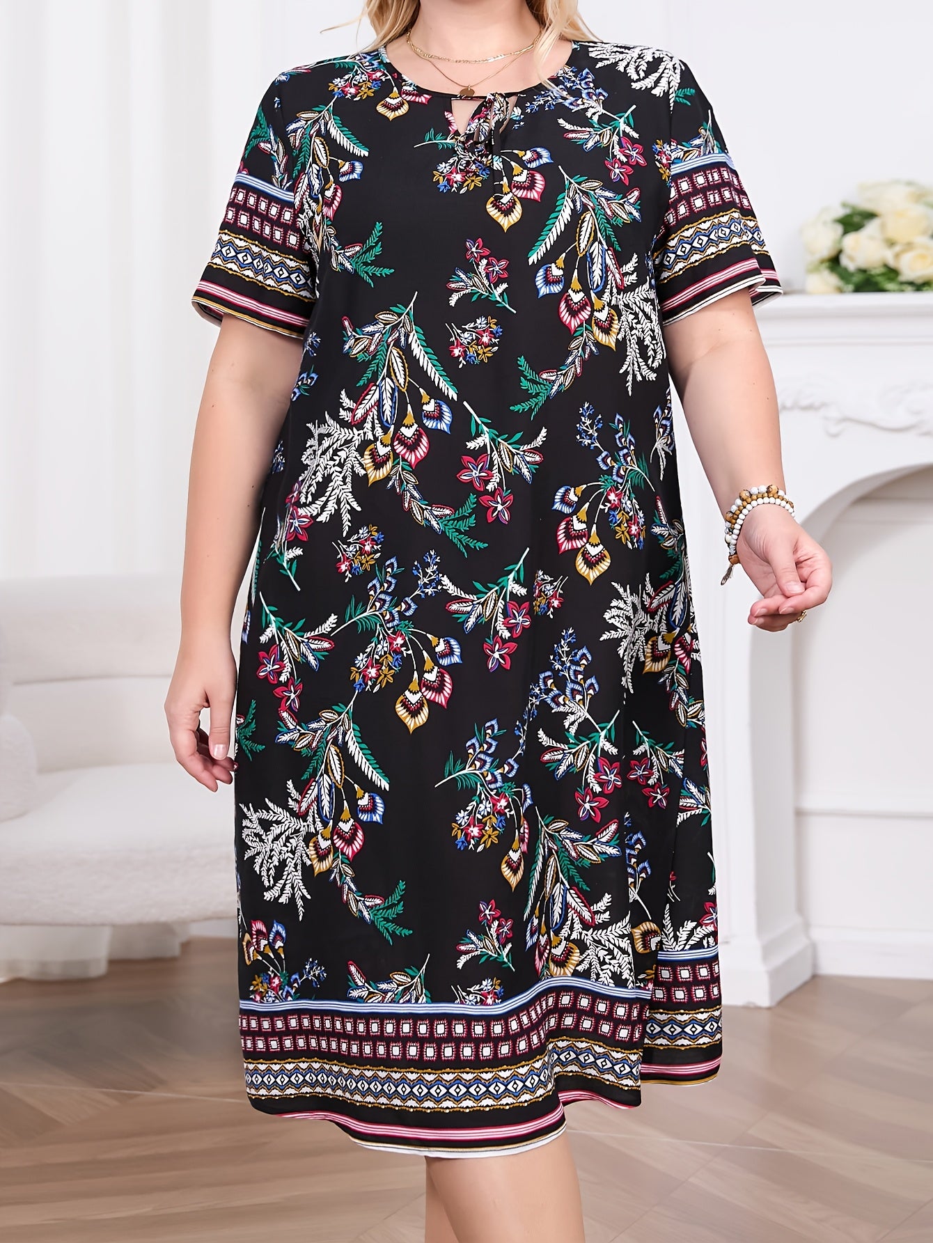 Plus Size Casual Plant Print Dress