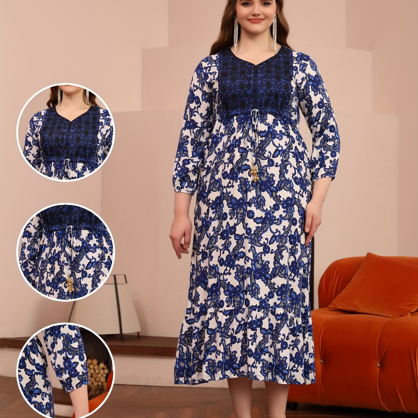 Elegant Floral Print Midi Dress with Beaded Tie-Waist and Ruffle Hem