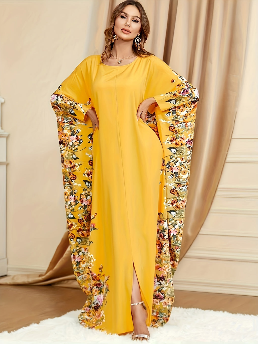 Floral Print Polyester Women's Elegant Batwing Sleeve Kaftan Dress