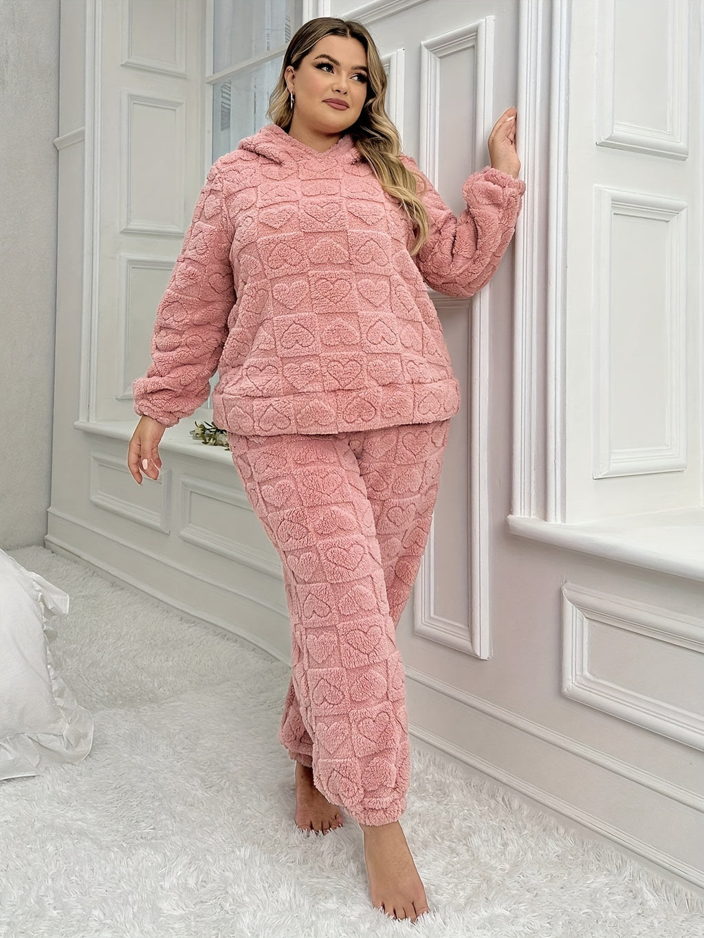Cozy Pink Heart Plush Hooded Pajama Set with 3D Ears - Long Sleeve & Pants