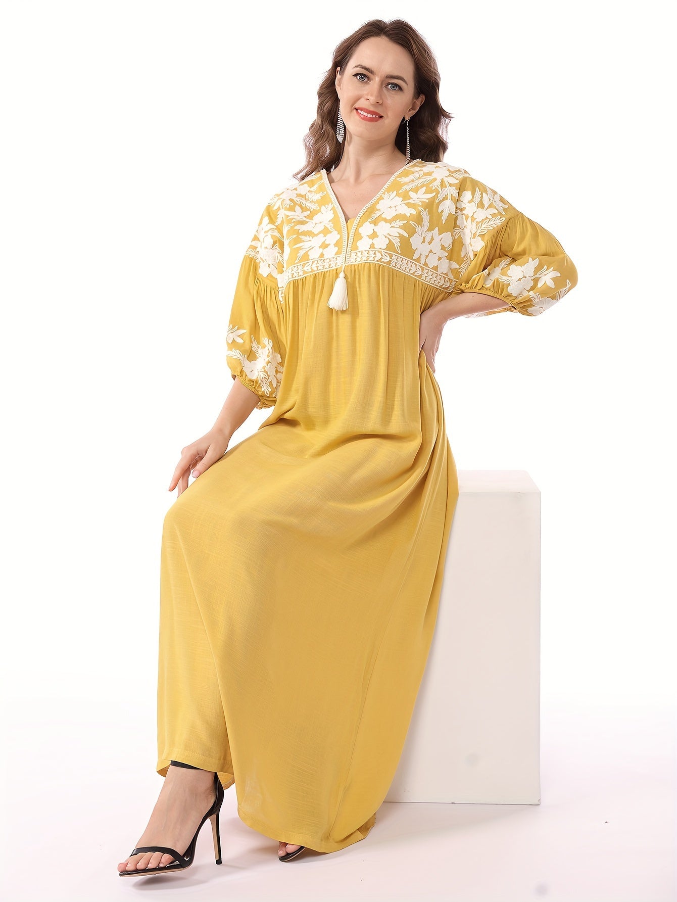 Women's White Floral Embroidery - Loose Fit, V-Neck, Half Sleeve, Non-Stretch Fabric