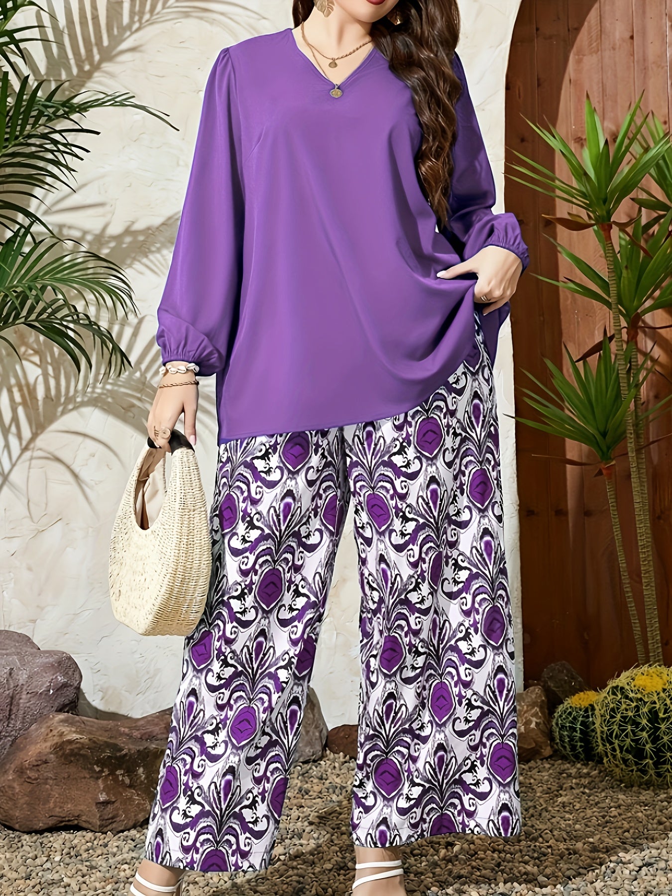 Elegant Plus-Size Women's V-Neck Loose-Fit Set