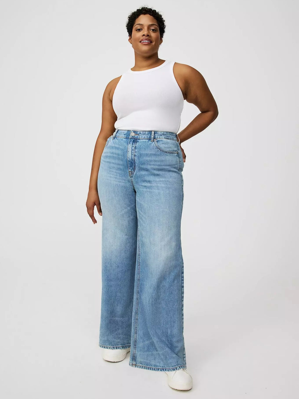 Women's Wide-Leg High-Waisted Wash Blue Jeans - Plus Size Stretch Denim Pants
