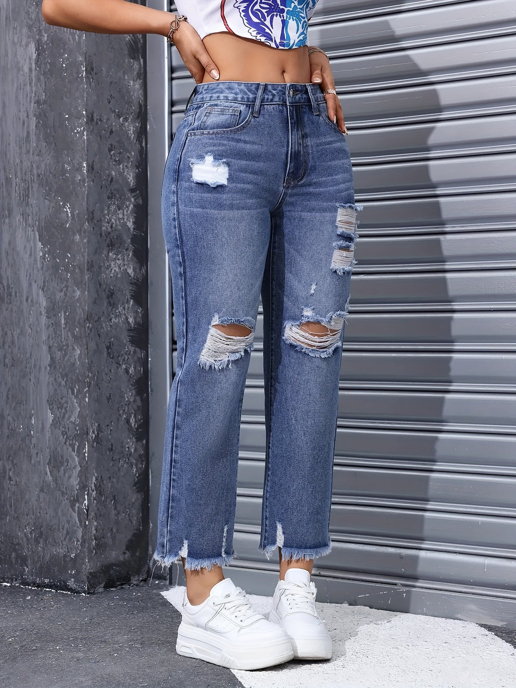 Ripped Straight Leg Stylish Jeans