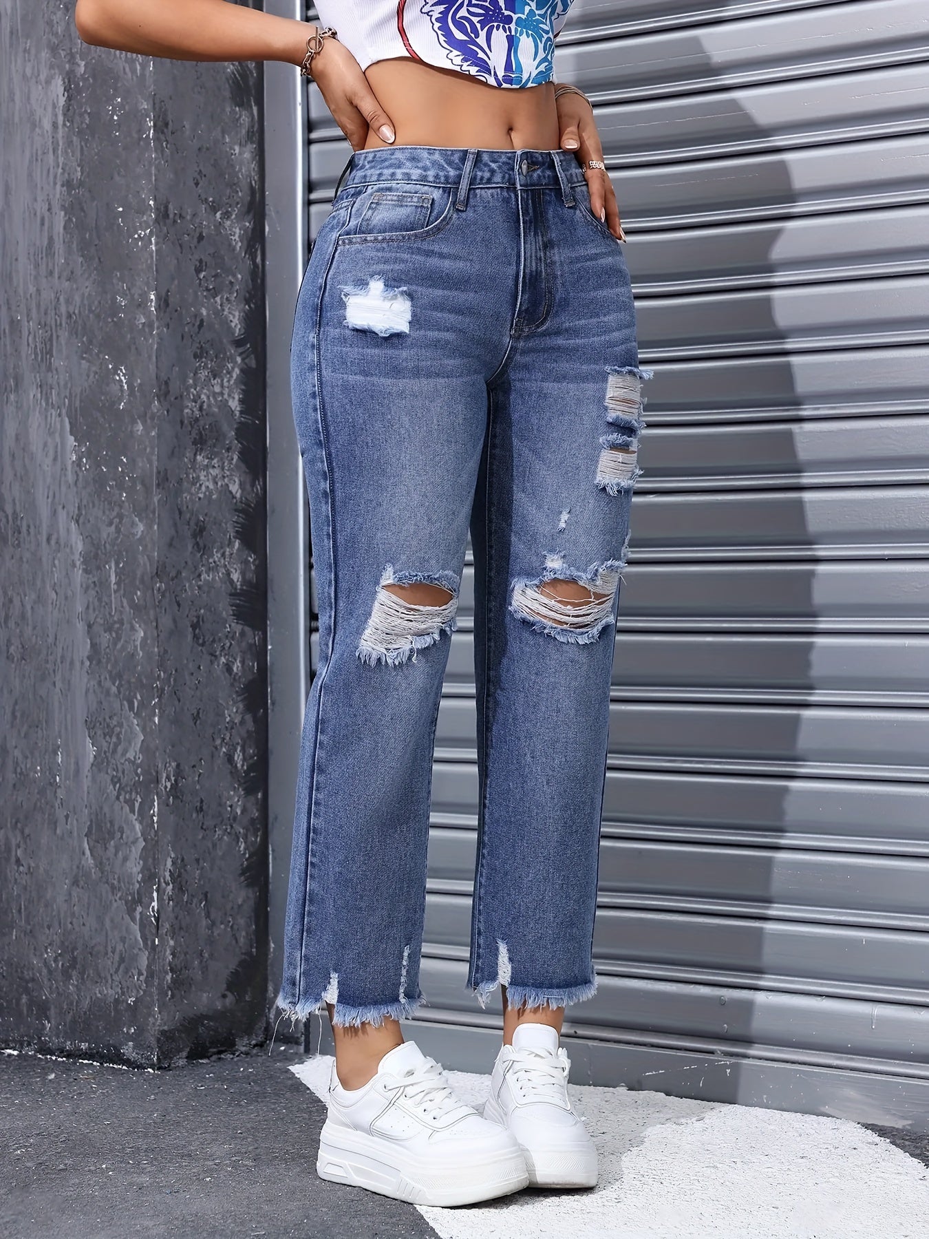 Ripped Straight Leg Stylish Jeans