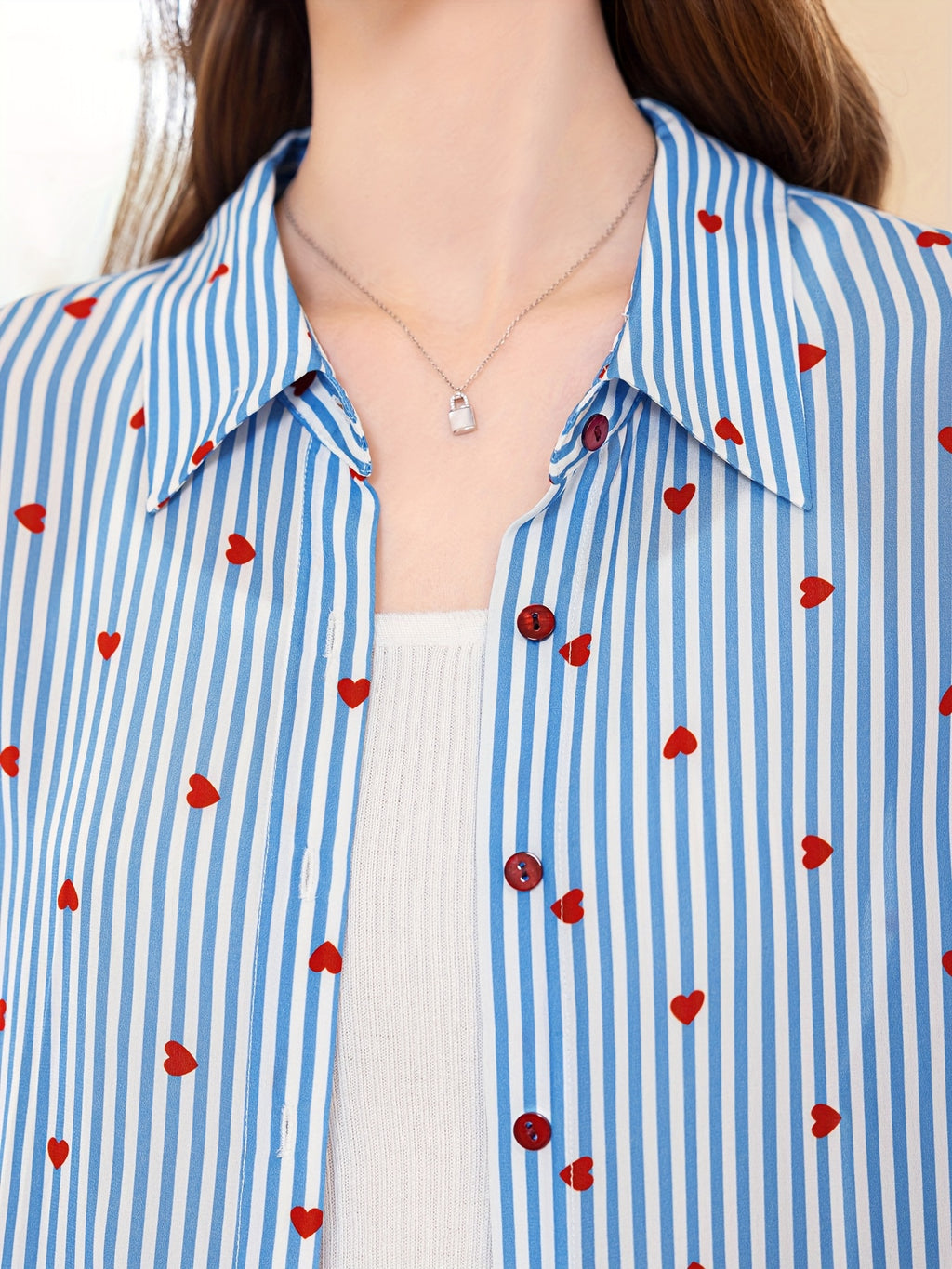 Color Block Striped Heart Shirt, New Autumn Women's Turn- Collar Long Casual Loose Blouse T51Z0133C