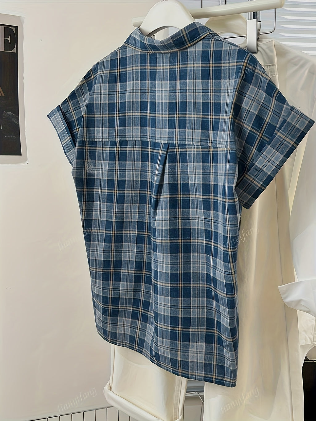 Women's Blue Plaid Loose Fit Casual Short Sleeve Shirt