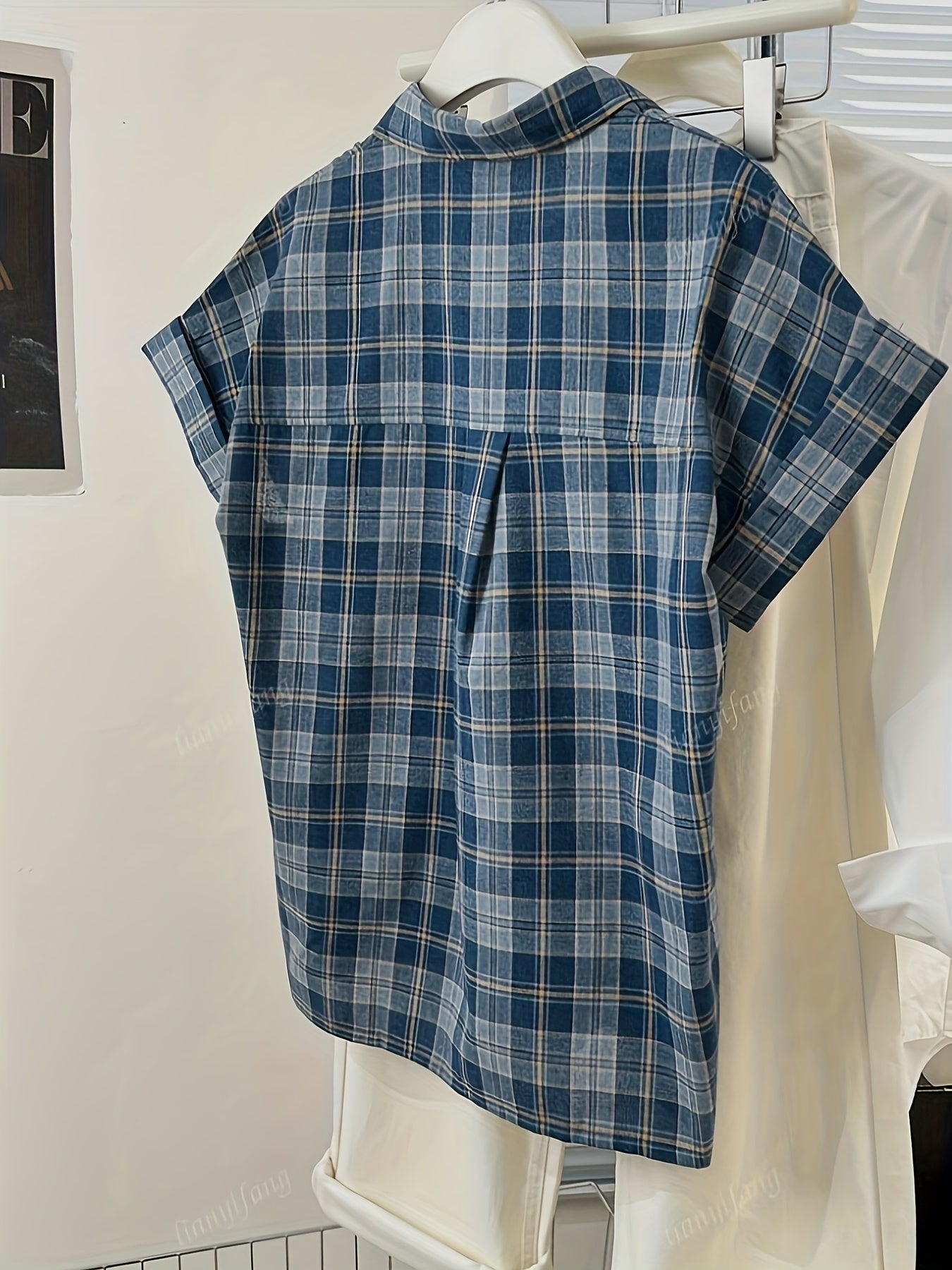 Women's Blue Plaid Loose Fit Casual Short Sleeve Shirt